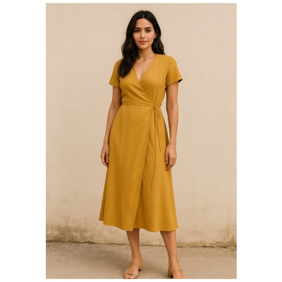 BABATON Aritzia Mustard Yellow Short Sleeve Maxi Wrap Dress Size XXS - Picture 4 of 11